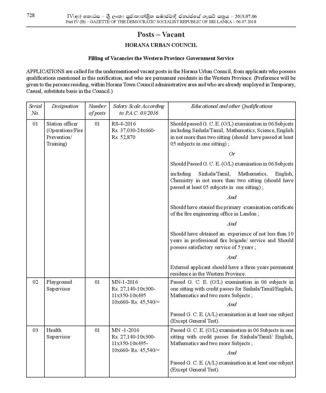 Station Officer, Playground Supervisor, Health Supervisor, Office Assistant, Watchman, Health Labourer - Horana Urban Council